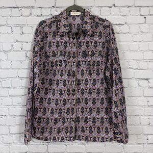 Tory Burch Utility Shirt Womens 14 Long Sleeve Cotton Roll Tab Sleeves Multi